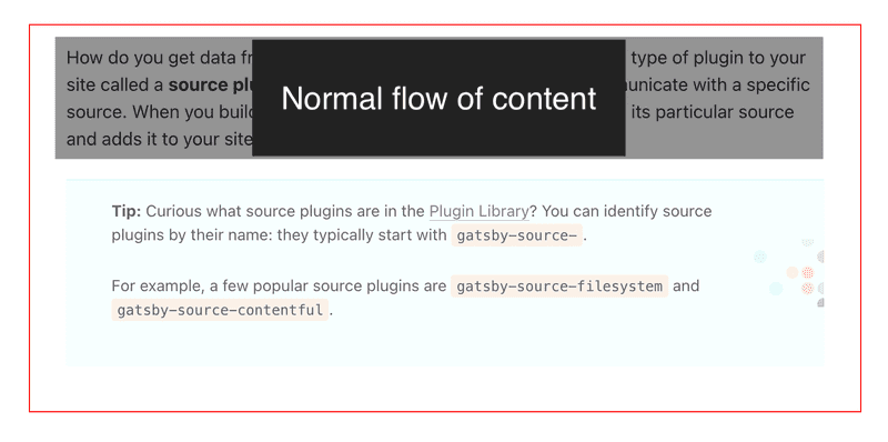 A blue callout box stands out from the rest of the page content with the following tip: "Curious what source plugins are in the Plugin Library? You can identify source plugins by their name: they typically start with gatsby-source-"